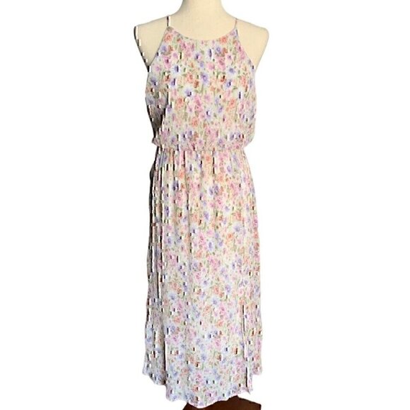 NEW NWT LUSH Cream Ivory Pink Multi Floral Pleated Sleeveless Midi Dress Medium - Picture 3 of 12